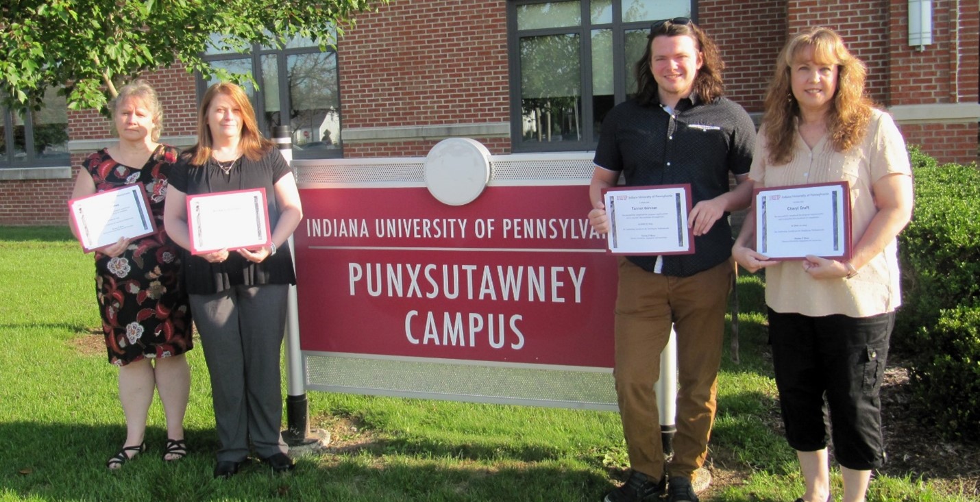 Community Action, Inc. supervisors complete extensive Leadership Certification Training Course offered by IUP at the Punxsutawney Campus. Supervisors receiving certification were (L-R:) Donna States, Kimberly Hutchins, Tanner Connor, and Cheryl Craft.